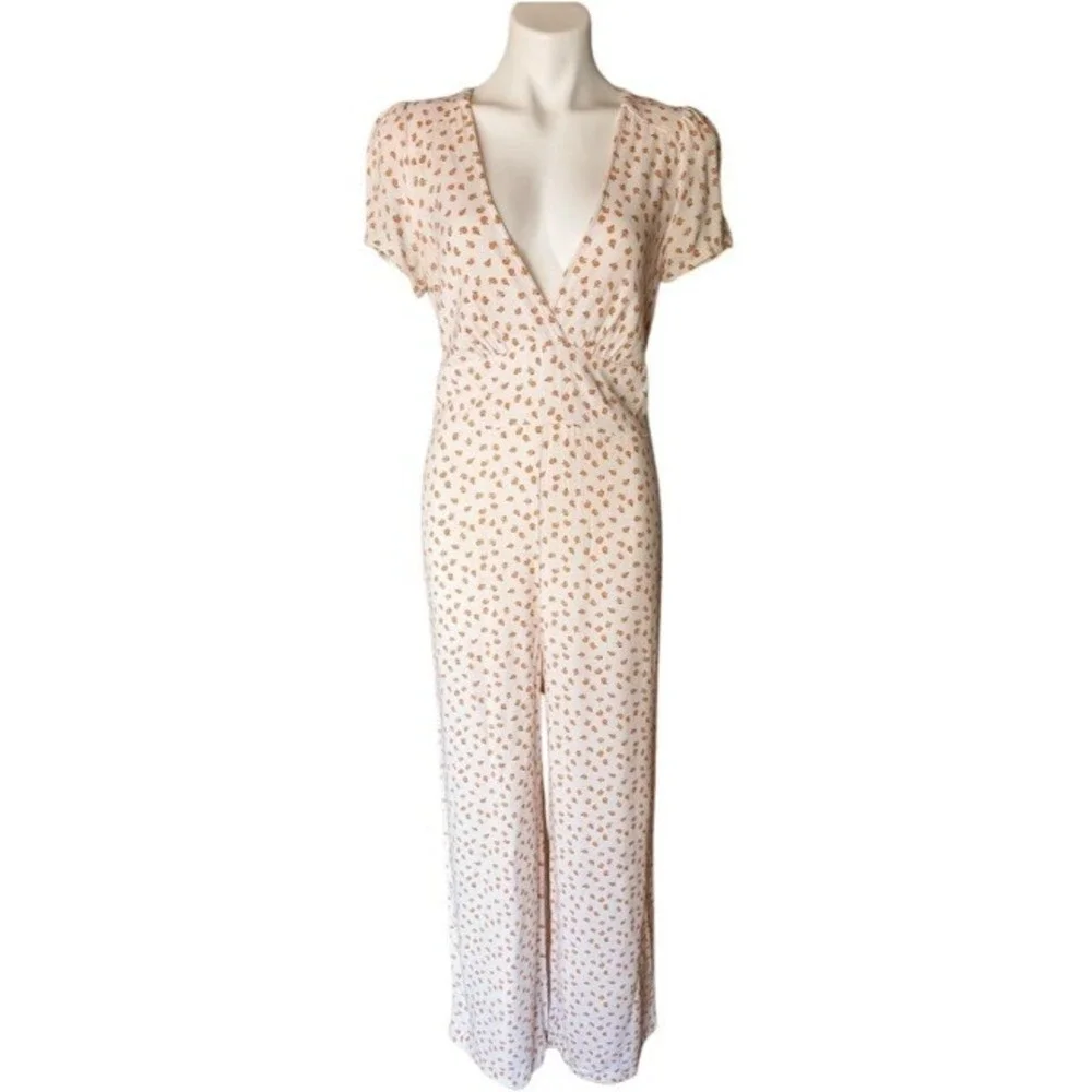 Free People Mia V-Neck Wide Leg Cream Jumpsuit with Peach Print Size 10 - Picture 2 of 11